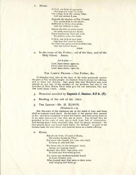 War Memorial Program 1920 - page 2.JPG - War Memorial  Unveiling and Dedication Program  - October 24th 1920 - page 2